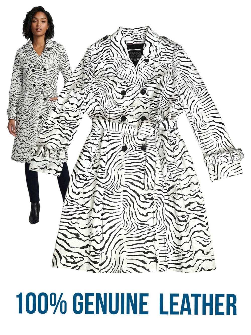 Wilsons Pelle Studio Zebra Print Genuine Leather Trench Coat New XL NWOT